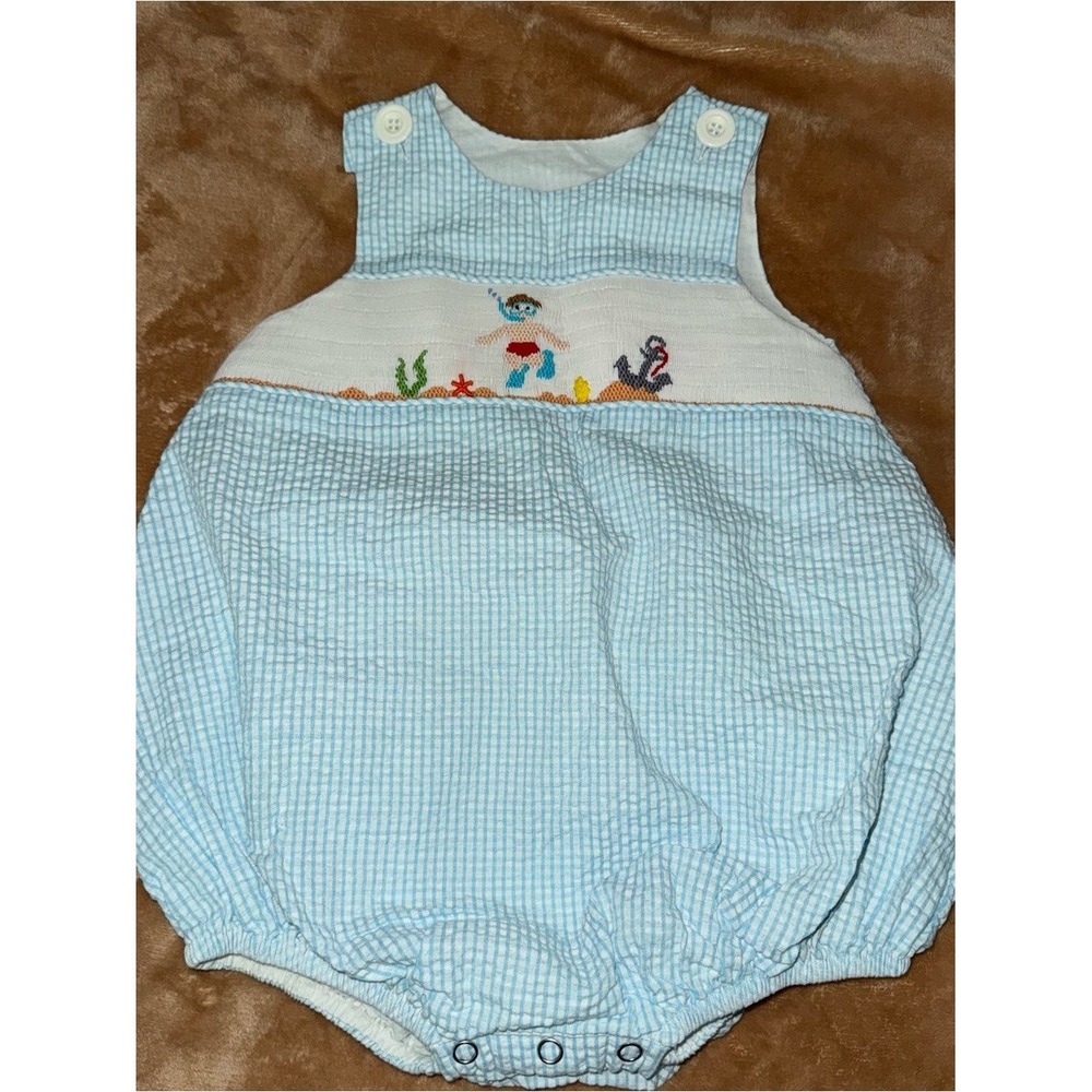 Remember Nguyen Baby Boy Seersucker Smocked Scuba Diver Bubble Romper Blue 18M
